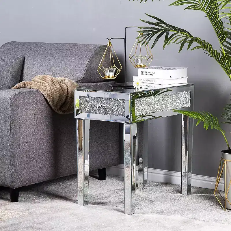 VINGLI Mirrored Narrow End Table Small Sofa/Couch/Bed Side Table with Storage Slim Glass Nightstand