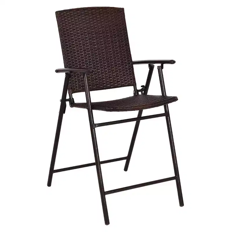 Costway 5PCS Rattan Patio Furniture Set 4 Bar Stool Folding Chair + Bar Table W/Glass Top