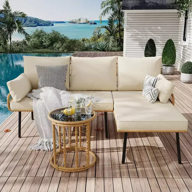 Modern 3-Piece Outdoor Sectional Couch, Wicker Patio Conversation Set with Washable Cushions, Detachable Lounger, and Round Coffee Table, Beige