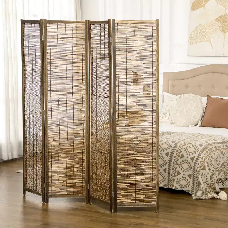 5.5' Tall Room Divider with Wood & Hand Woven Reed, 4 Panel Folding Privacy Screens, Portable Partition Wall Divider