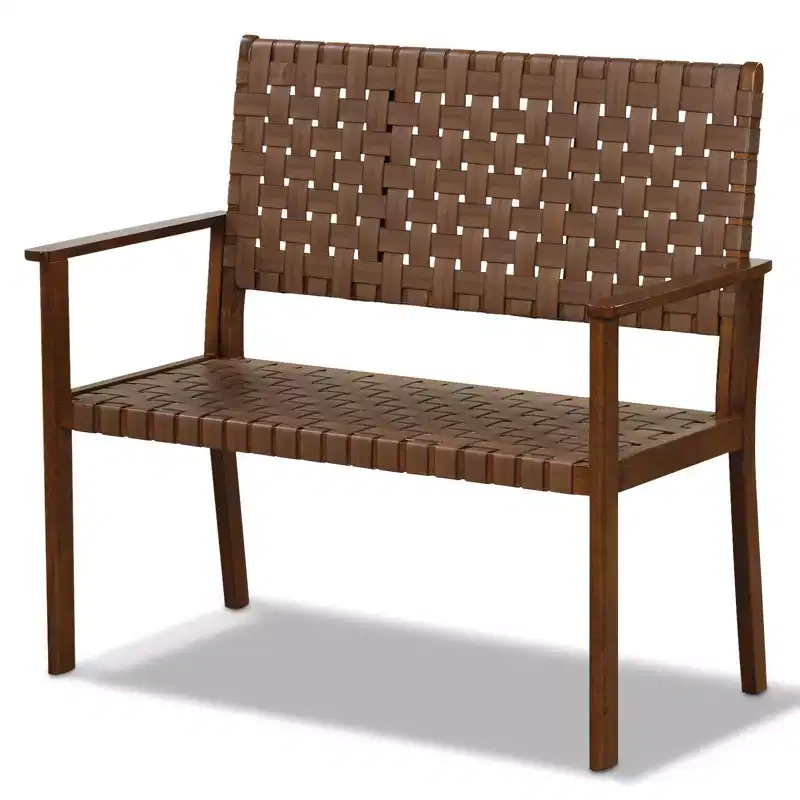 Costway Patio Loveseat All Weather Bench w/Solid Rubber Wood Frame&Hand Woven PU Leather