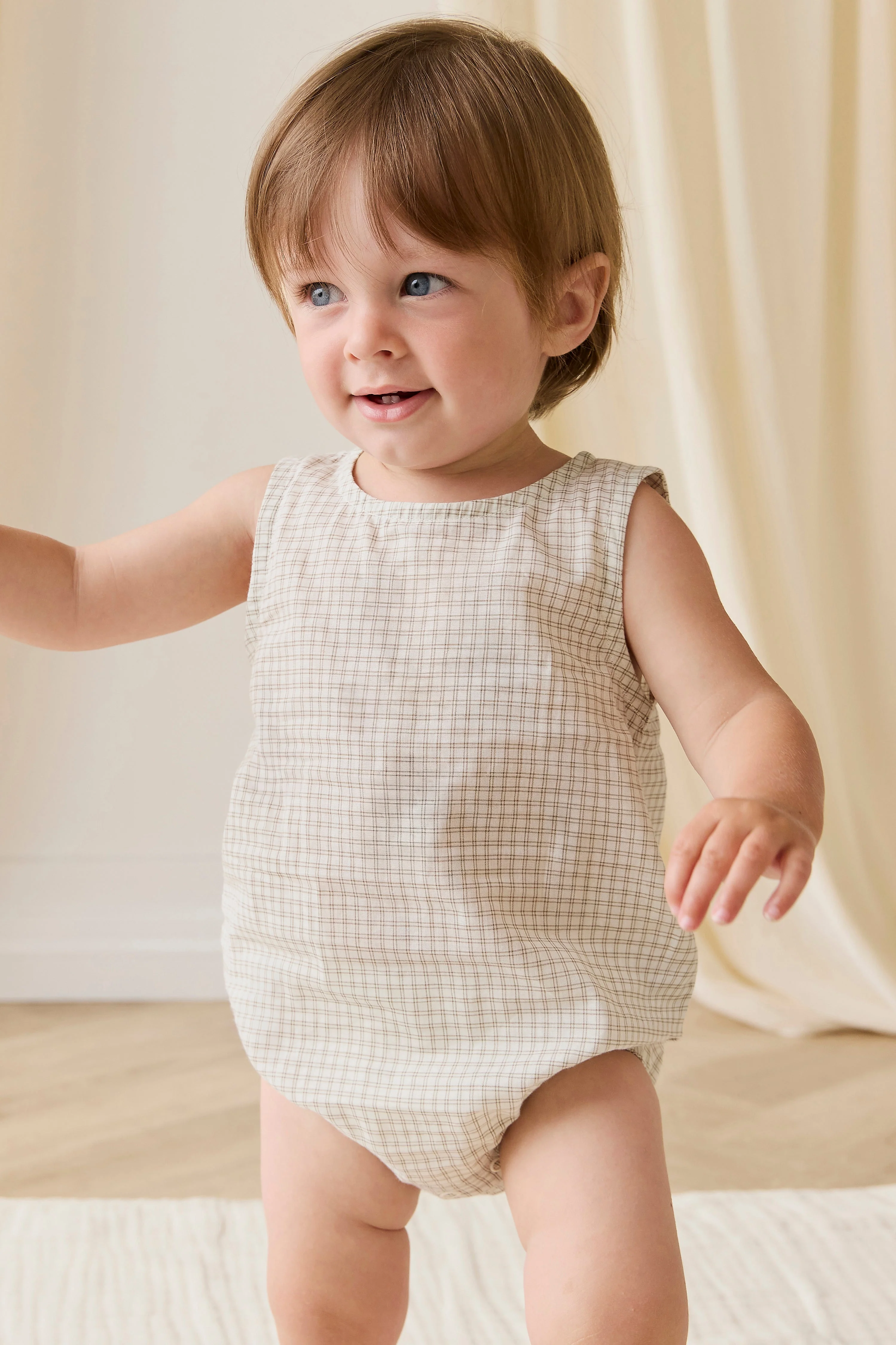 Lightweight Pecan Windowpane Check Organic Cotton Sleeveless Playsuit with Snap Closure for Warm Weather 0M–2Y