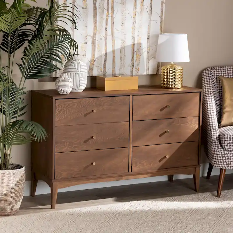 Mid-Century Modern Ash Walnut Finished Wood 6-Drawer Dresser