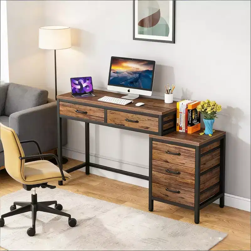 Modern Office Desk with Drawer Cabinet,Compact 2-Drawer Computer Desk and 3-Drawer File Cabinet,Writing Table for Home Office,Study
