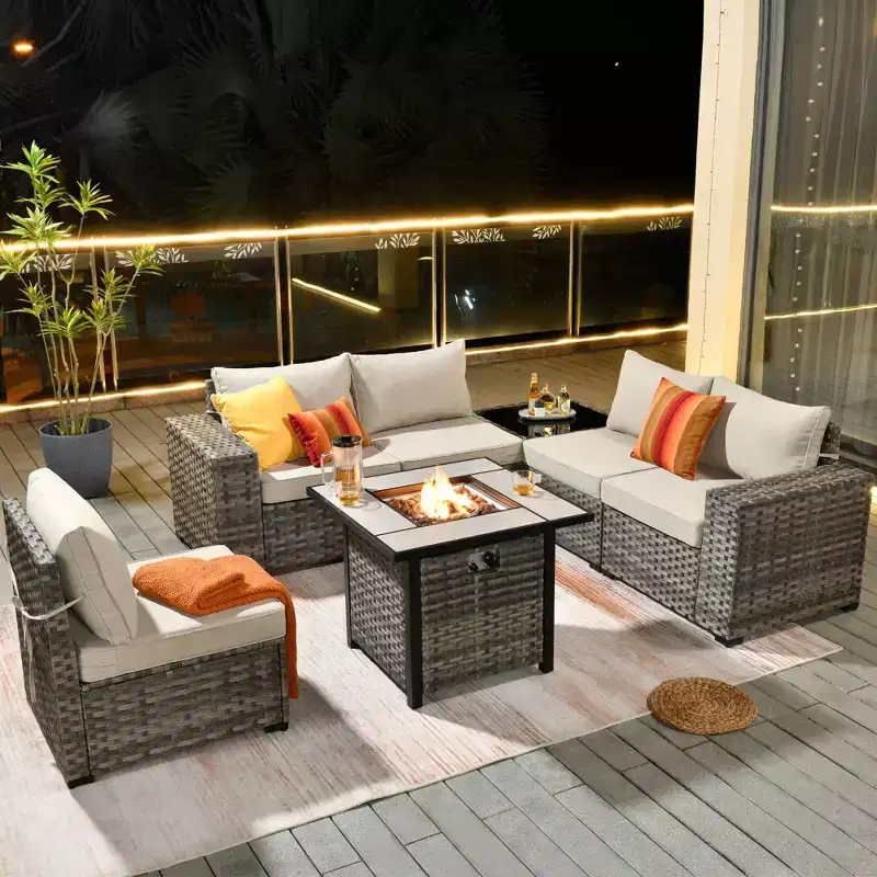 Marlton 7pc Wicker Outdoor Patio Furniture Set Conversation Sofa Set with a Fire Pit and Cushions