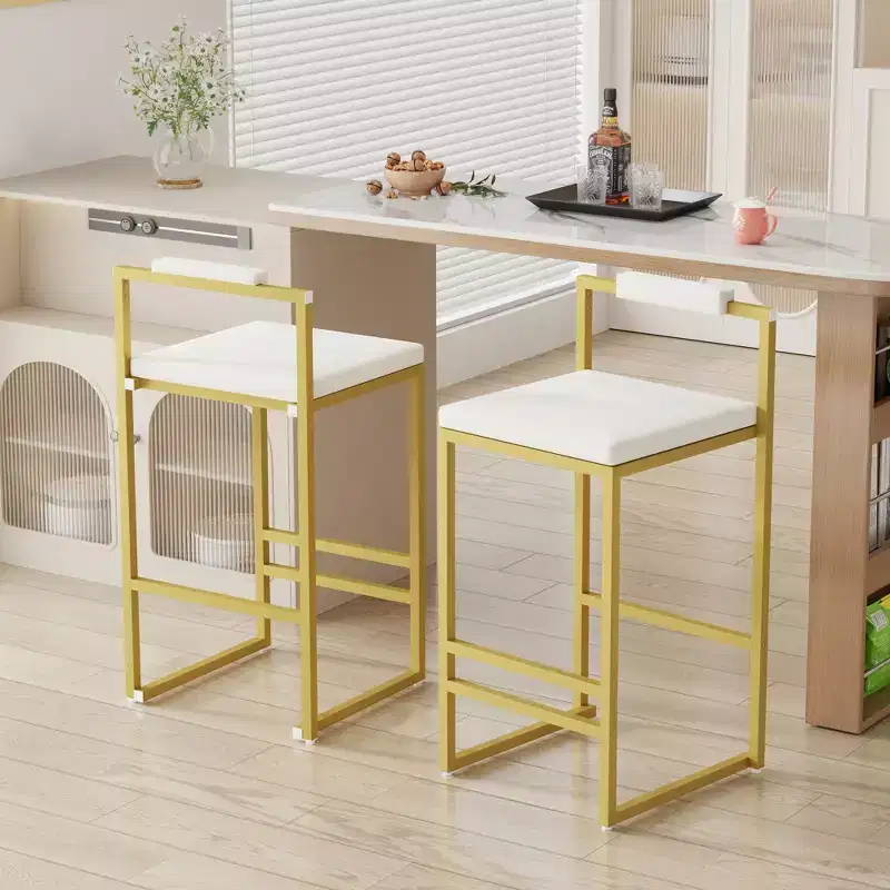 MAYEERTY Upholstered Velvet Bar Stools Set of 2 Modern Counter Height Indoor Dining Chairs Gold Creamy White