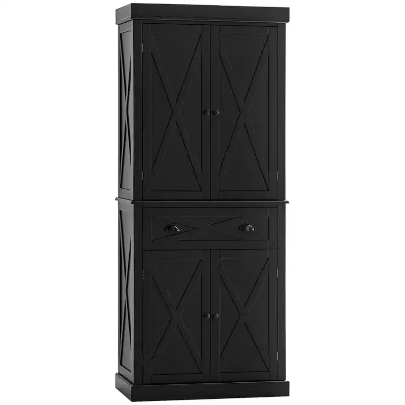 HOMCOM Freestanding Modern Farmhouse 4 Door Kitchen Pantry Cabinet, Storage Cabinet Organizer with 6-Tiers, 1 Drawer and 4 Adjustable Shelves