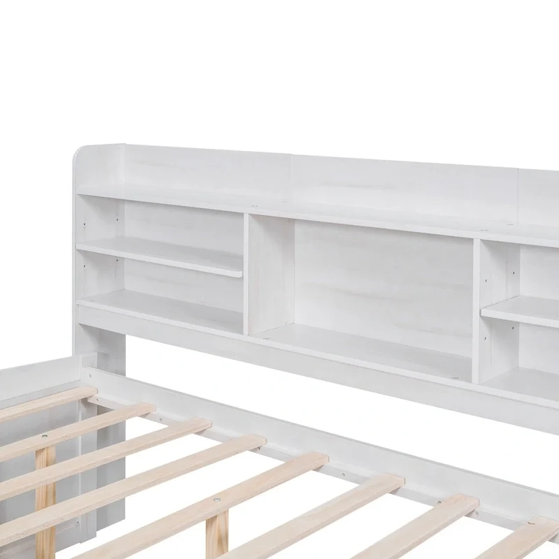 Full Pine Captain Bed with Shelves, Drawers & Trundle