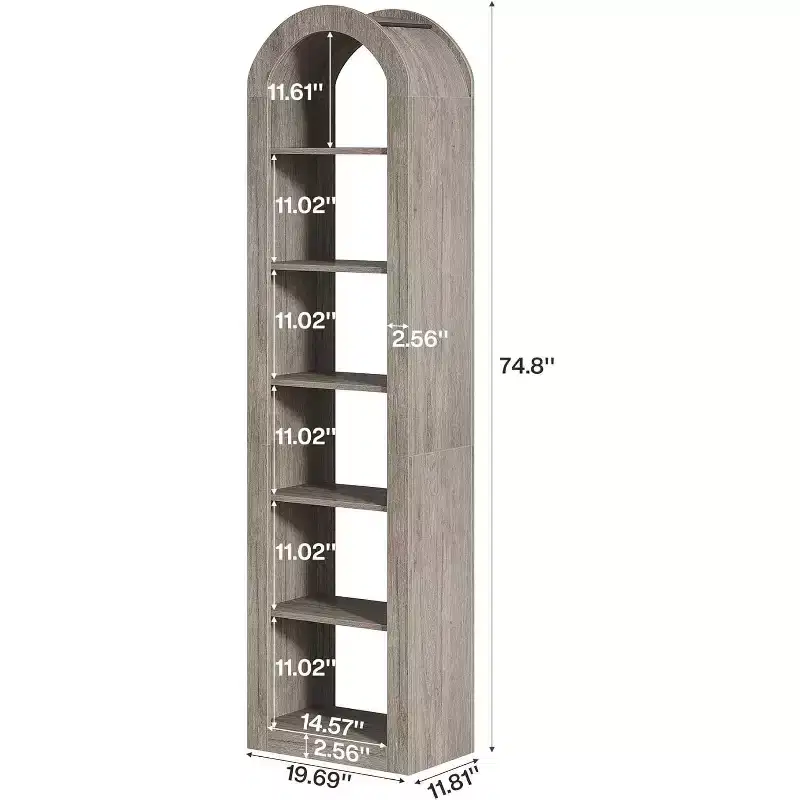 Lantine 74.8-Inch Tall Arched Bookshelf, 6-Tier Narrow Open Bookcase and Display Shelves for Small Space, Home Office, Living Room, Grey