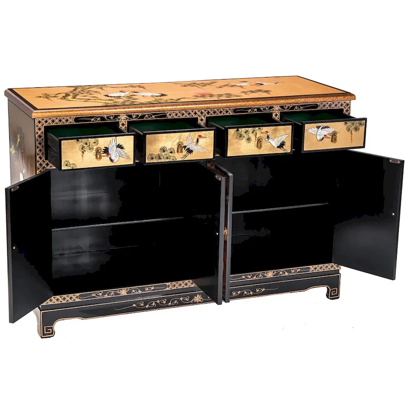 Gold Leaf Lacquer Sideboard with Cranes Design