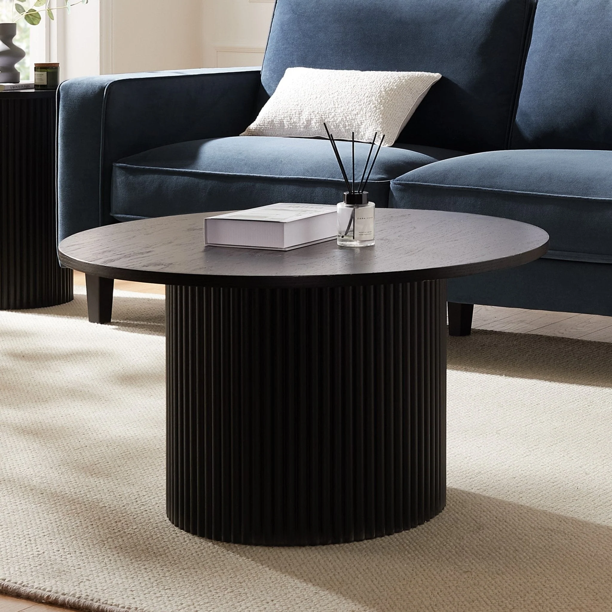 Contemporary Black Wood Effect Coffee Table with Panelled Cylindrical Base for Living Room