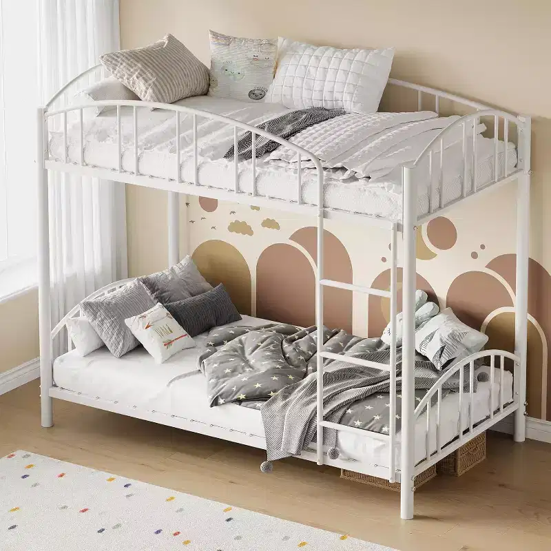 Metal Bunk Bed Twin Over Twin, with Arched Guardrail and Safety Ladder, Safety Ladder, Space-Saving Design, No Box Spring Needed