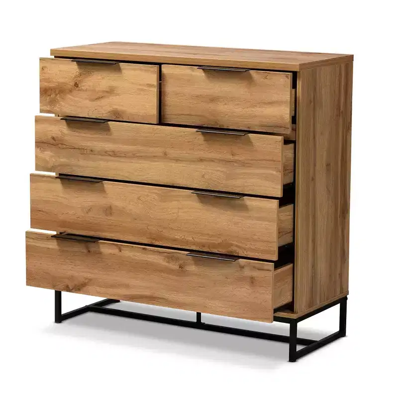 Baxton Studio Franklin Wood and Metal 5 Drawer Bedroom Chest Oak/Black: Vertical Storage, Modern Design
