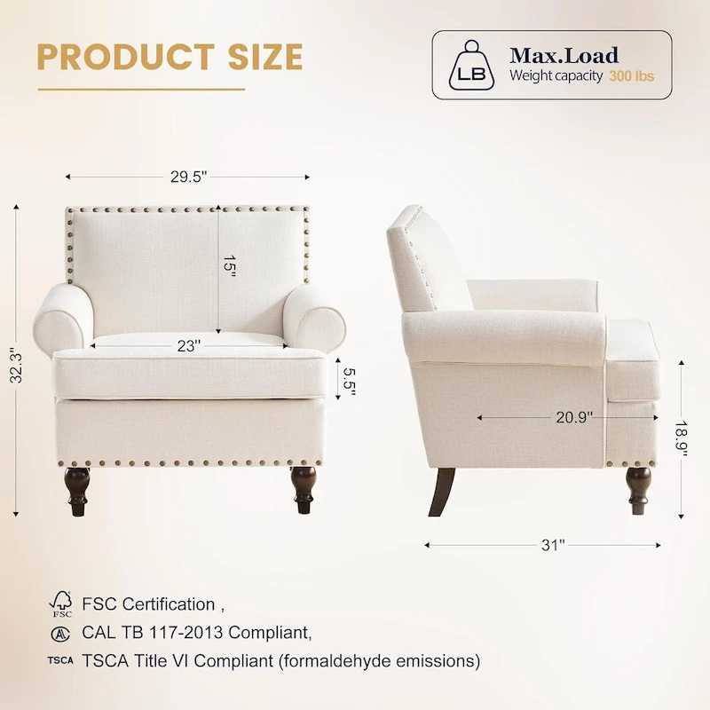 Beige Modern 31 Arm Chair with Nailheads