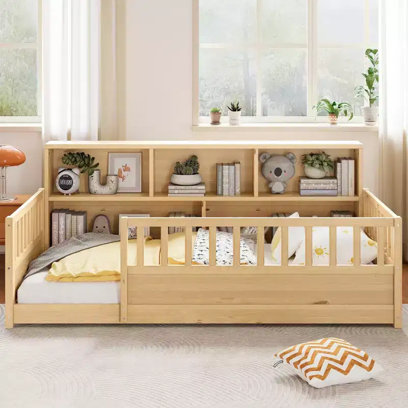 Bellemave Wood Montessori Floor Bed with 21.4'' Fence-Style Guardrails & 5 Storage Shelves, Kids Bed Frame for Bedroom,
