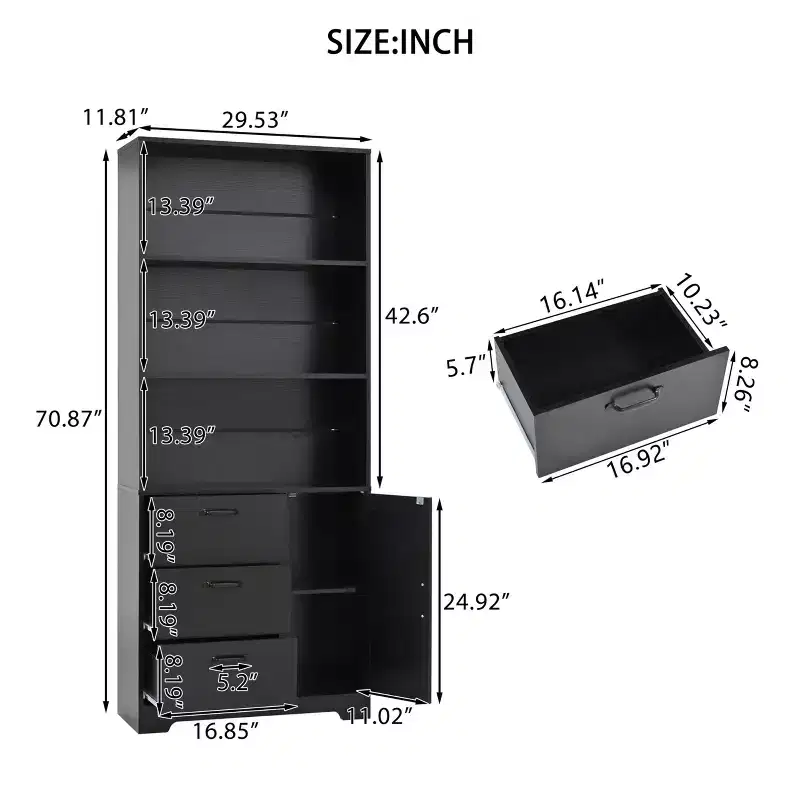 71 Tall Bookshelf with Door, 3 Drawers & Open Shelves,6-Tier Wooden Storage Cabinet for Home Office, Living Room, Bedroom
