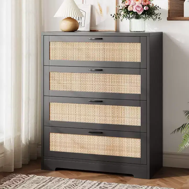 MDF Rattan 4-Drawer Tall Dresser 31.49