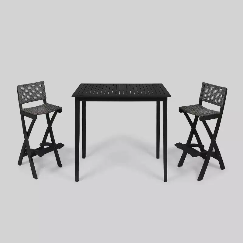 Polaris 3pc Wood and Wicker 45" Rectangular Bar Set Dark Gray - Christopher Knight Home: Acacia Frame, Weather-Resistant