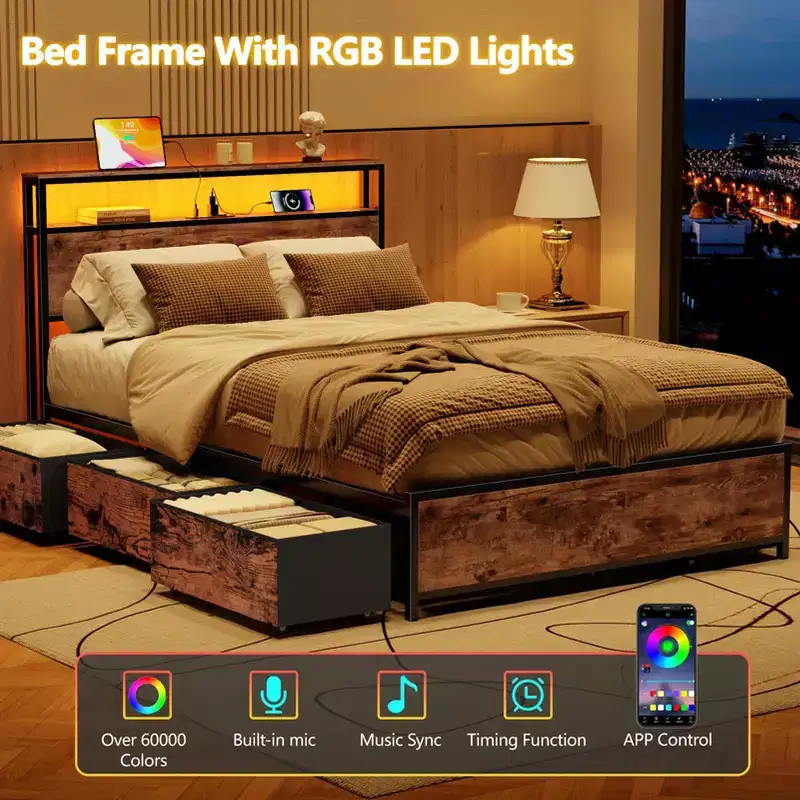 Full Size Platform Bed Frame with Storage Drawers, LED Lights, and Charging Headboard