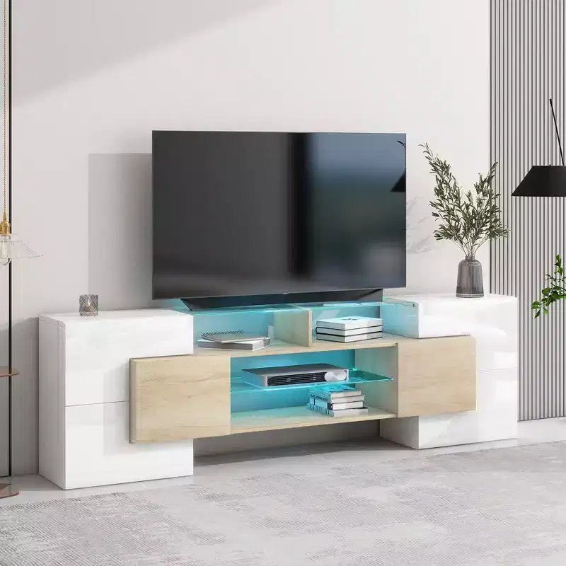 80 Modern TV Stand, Entertainment Center With 2 Illuminated Glass Shelves TV Cabinet For Living Room