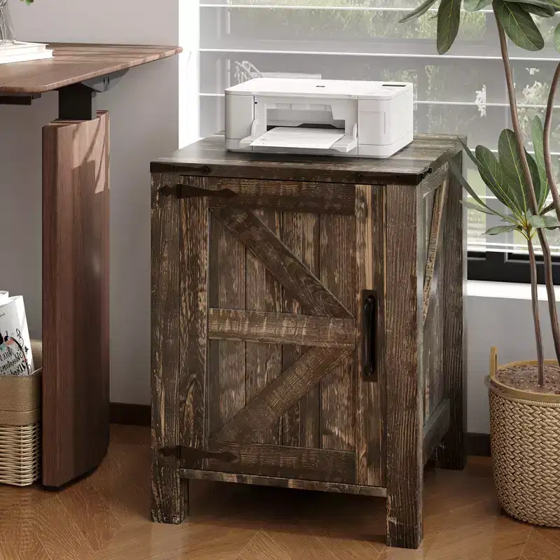Farmhouse Nightstand with Charging Station, 18 Wooden Bedside Table with Barn Door, Adjustable Shelf & Two-Level Storage