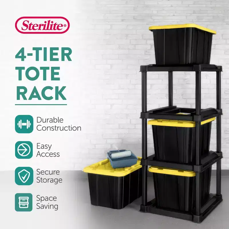 Sterilite 4 Tier Tote Rack Organizer with 4 Pack 27 Gal Industrial Storage Totes