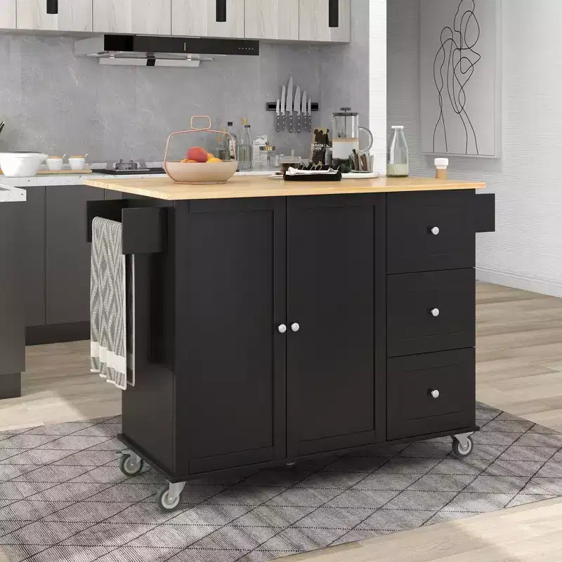 Kitchen Cart with Wooden Top and Lockable Wheels