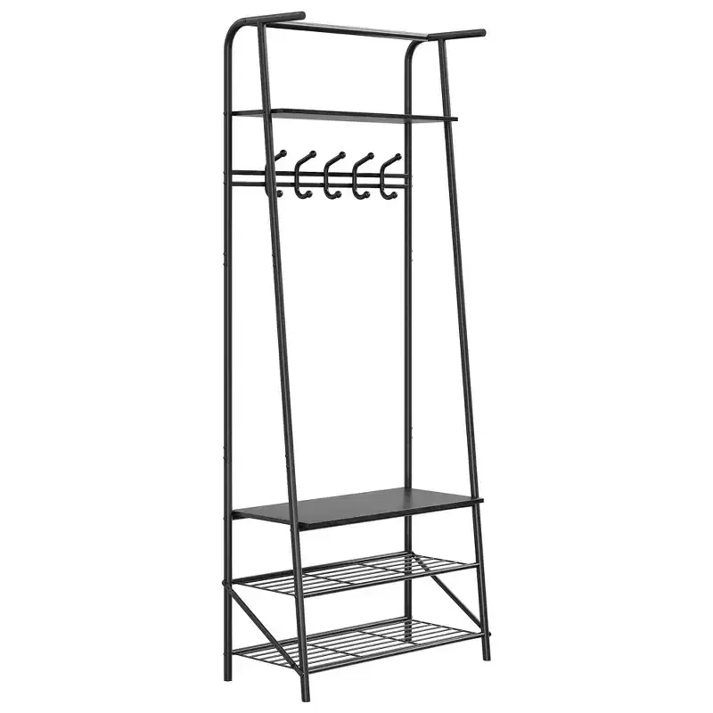 Industrial Entryway Hall Tree with Double Hooks, Shoe Storage Bench and Top Shelf