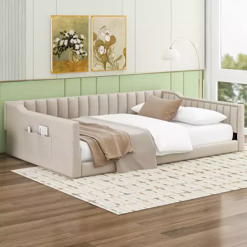 Twin XL/Full XL Size Velvet Upholstered Daybed with Side Storage Pockets - ModernLuxe