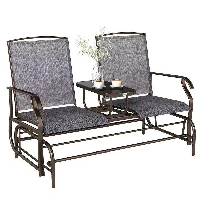 2-Person Outdoor Patio Glider Bench with Center Table Mesh Fabric Rocking Chair Grey