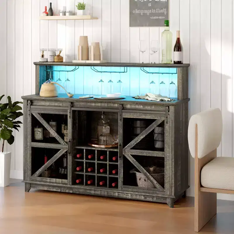 Farmhouse Coffee Bar Cabinet with LED Lights and Sliding Barn Doors, 55