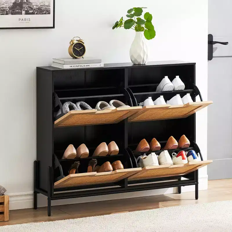 Four-door shoe cabinet with three adjustable shelves, ideal for high heels, boots, and stylish entrywaysa perfect hallway storage solution.
