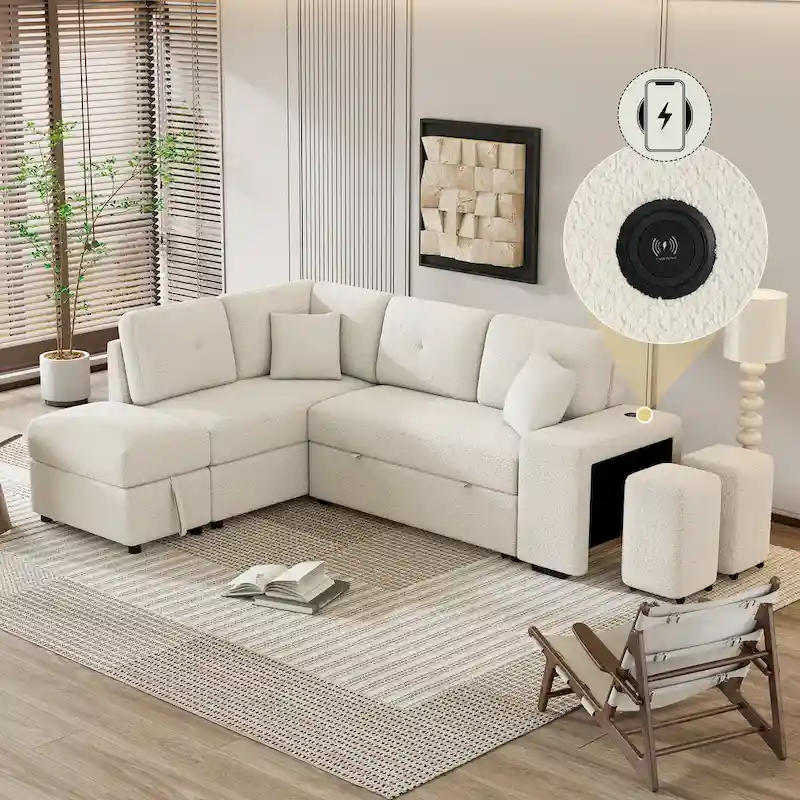 Roomfitters Convertible Sleeper Sectional Sofa Bed with Storage Ottoman, Two Throw Pillows, Two Stools, Wireless Charger