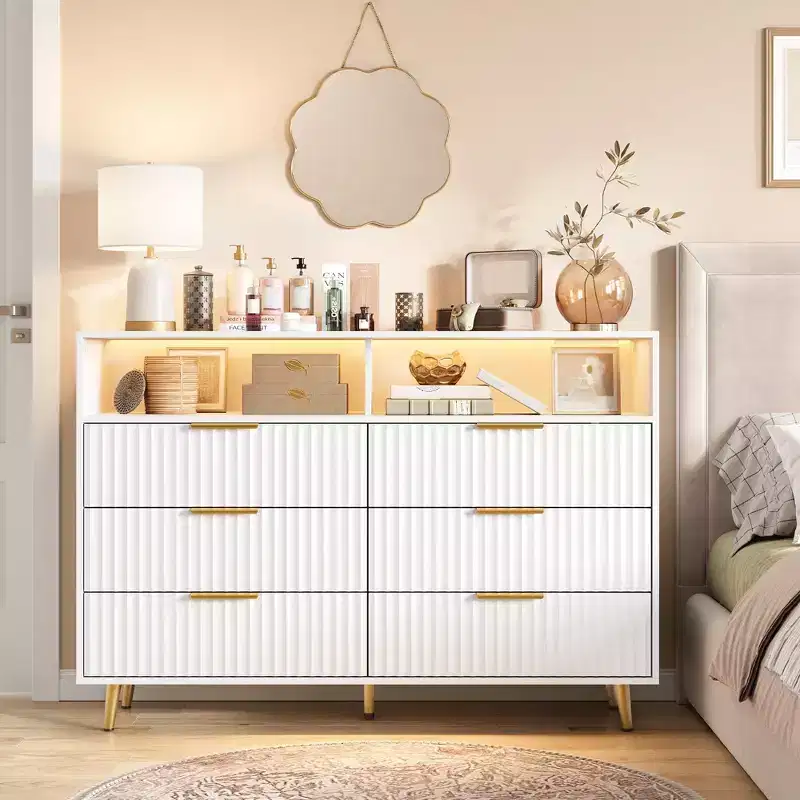 6 Drawers Dresser, 47.2 Wide Dressers with LED Lights and Charging Station, Curved Profile Design, Fluted Wood Drawers for Living Room, White