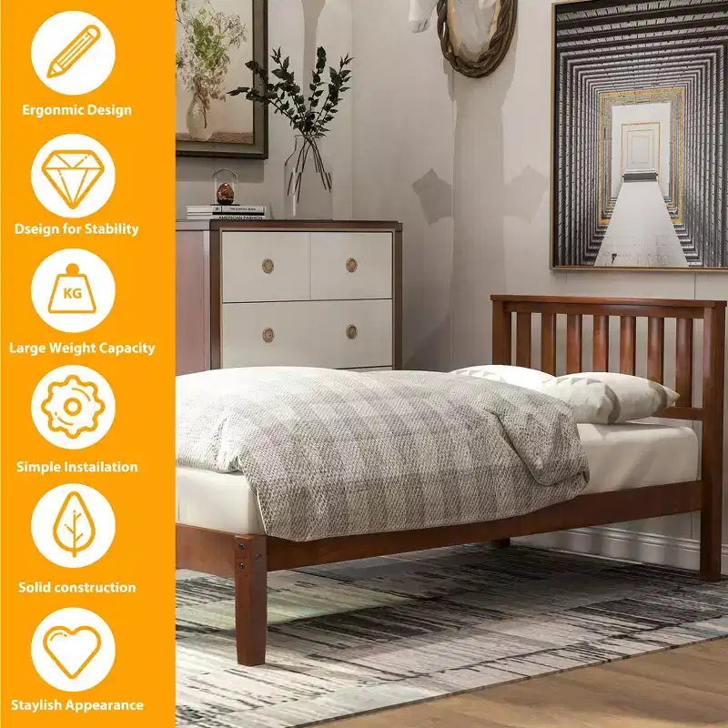Twin Size Wood Platform Bed with Headboard and Wood Slat Support Walnut