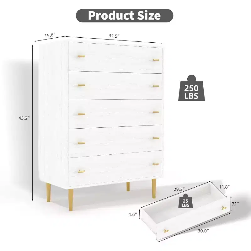 5/6 Drawers Dresser for Bedroom, Tall Wood Rustic Vintage Chest of Drawers with Storage and Gold Handles, for Bedroom, Living Room, Hallway, White