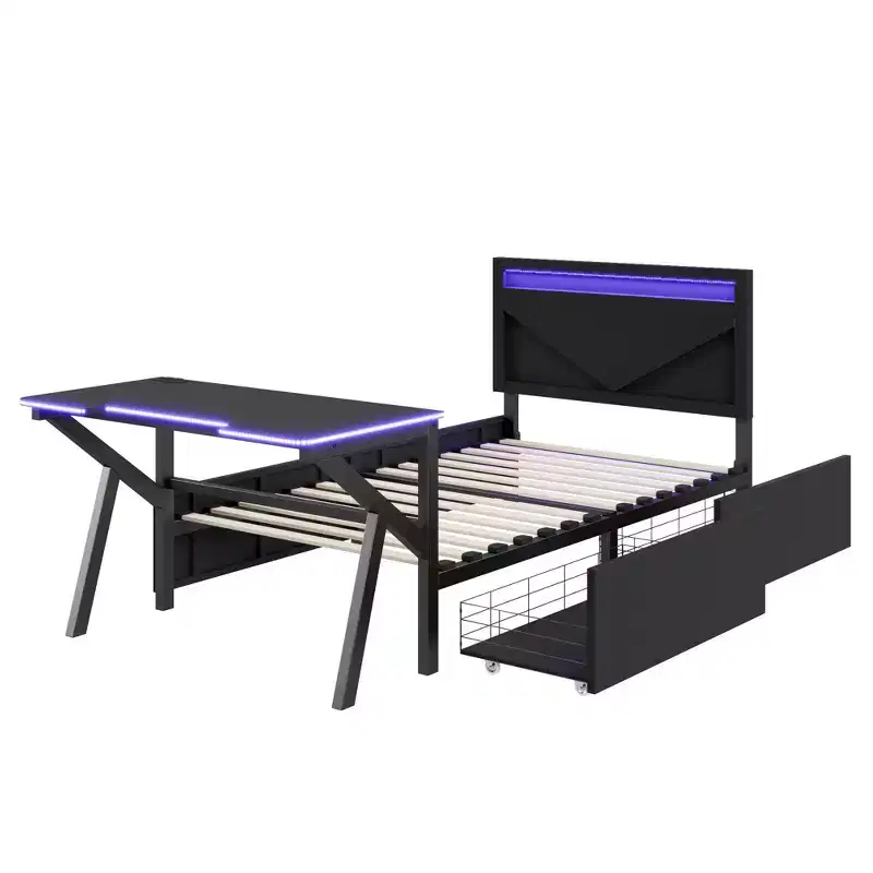 Twin Gaming Bed with Desk and LED and Storage Drawers, Metal Gamer Bed, Twin Beds with Desk, Black