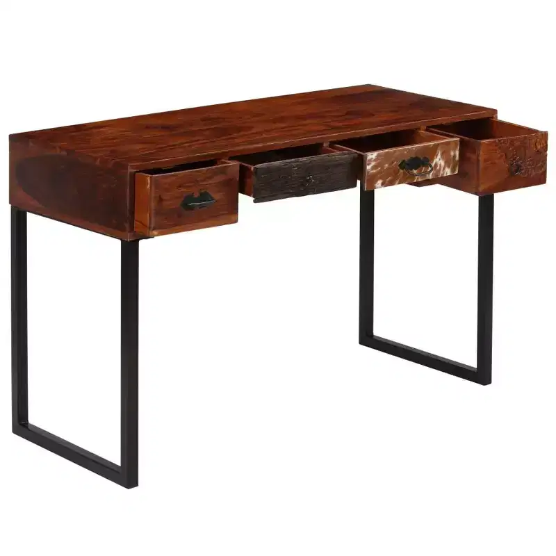 Solid Wood Home Office Desk with Leather Accents & 3 Drawers, Dark Brown