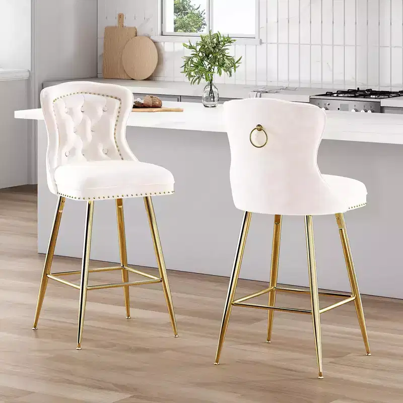 TUYOHW Bar Stools Set of 2,Velvet Counter Height Barstools with Button Tufted,Nailheads Trim,Wingback Chairs for Kitchen Island,Dining Room