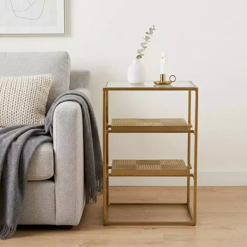 HomeRoots 24 Brass Glass And Iron Rectangular End Table With Two Shelves