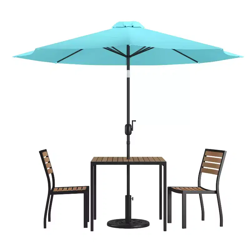 Emma and Oliver 5 Piece Patio Table Set - Synthetic Faux Teak Stackable Chairs - Faux Teak Table - Umbrella with Base