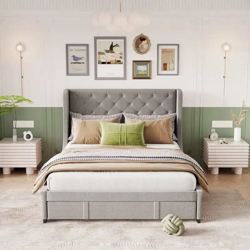 Queen Size Upholstered Platform Bed with Wingback Headboard and Storage Drawer