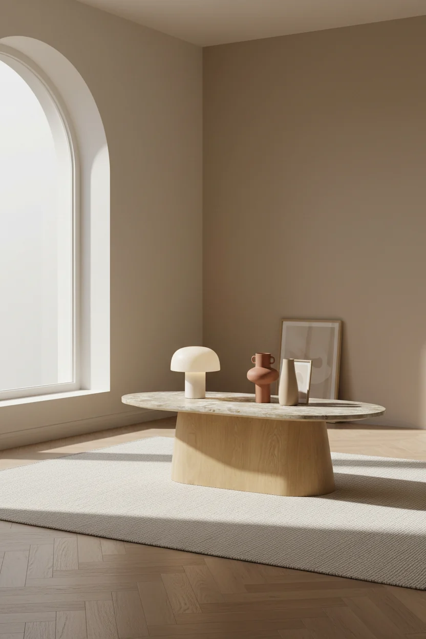 Contemporary Marble & Oak Coffee Table with Capsule-Shaped Oval Top & Flared Pedestal for Living Room
