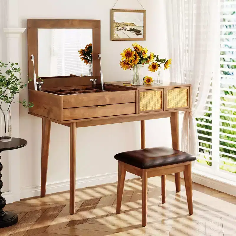 CLIHOME Classic Wood Makeup Vanity Set with Flip-top Mirror and Stool, Dressing Table with Three Drawers and Storage Space