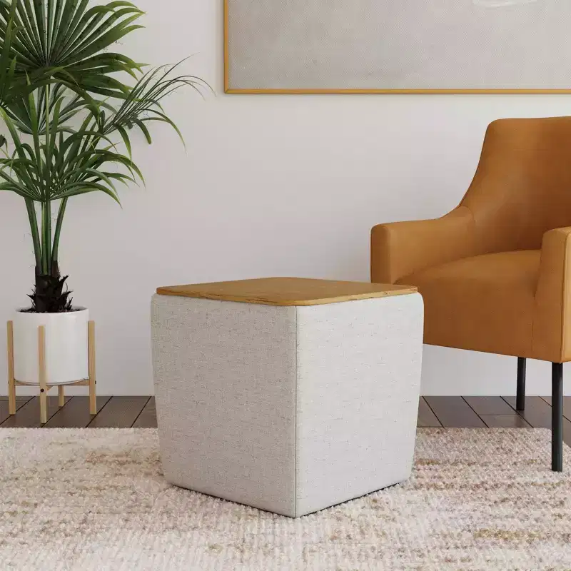 Square Storage Ottoman with Wood Top - 19 Inch