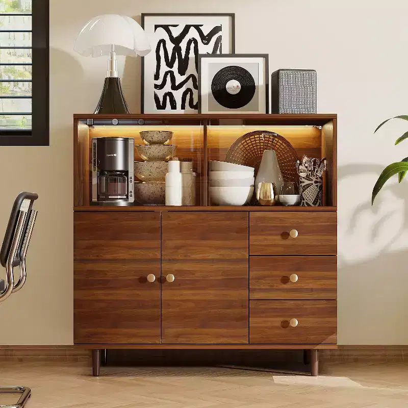 Vintage Style Side Storage Cabinet Buffet Accent Cabinet with LED Lighting and Acrylic Sliders for Display and Organization