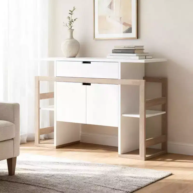 Decorative Storage Cabinet with Drawer, Open Side Shelves and Two-Door Base for Living Room or Dining Space, White Oak