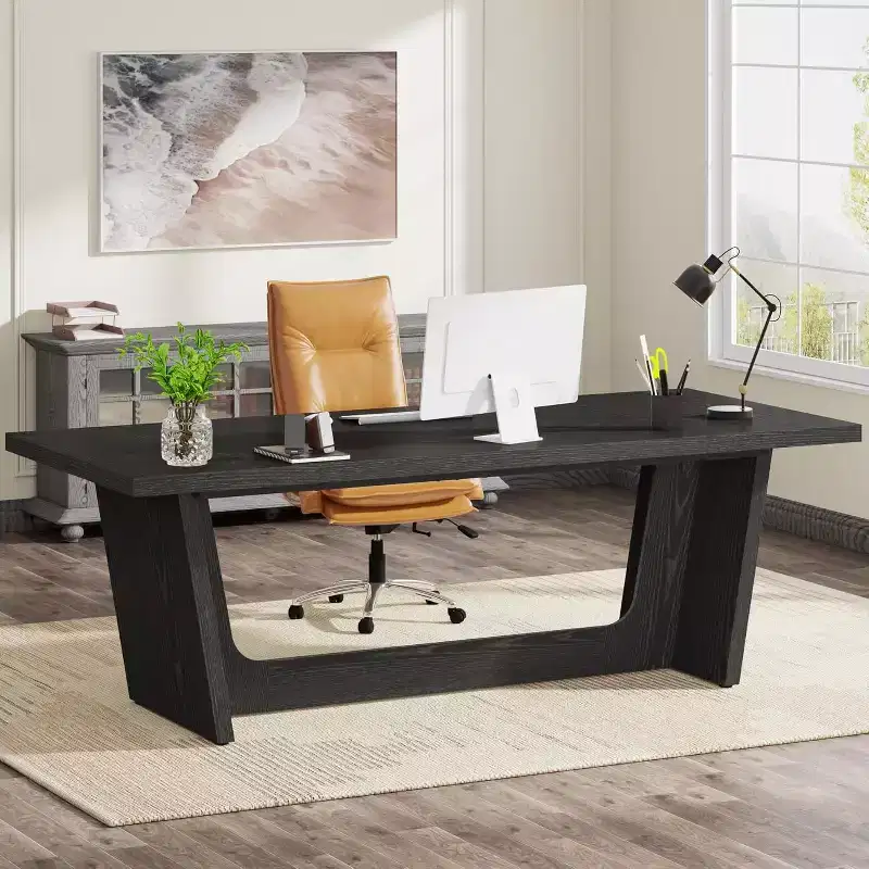 70. 87-Inch Executive Computer Desk with Solid Wooden Pedestal