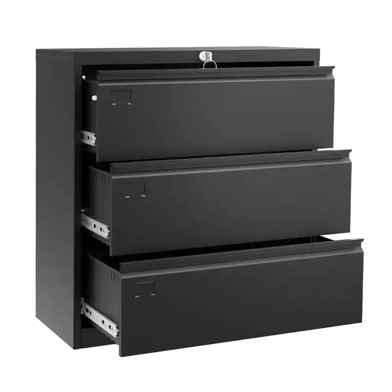 TROPOW 3-Drawer Lateral File Cabinet - Black Metal Storage with Lock for Letter/Legal/A4 Documents (Home/Office Use)