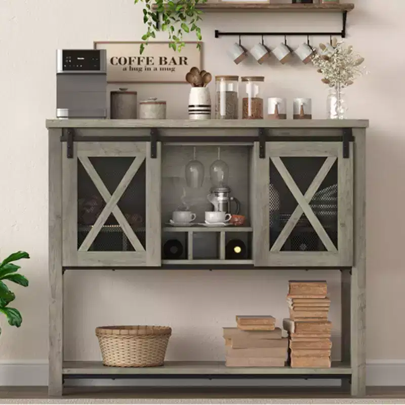 Sideboard Buffet Cabinet, Coffee Bar Cabinet, Console Table with Sliding Barn Doors, Entryway Table with Storage Shelf and Wine Racks